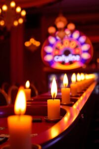 A high-resolution stock photo showcases Casino slot online bathed in warm candlelight, offering a commercial, professional quality image with flickering flames and a warm glow